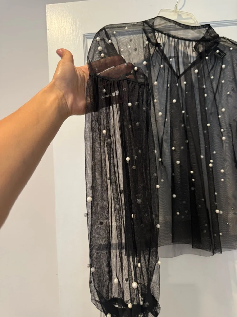 Forever 21 Black Sheer Pearl-Embellished Long Sleeve Blouse - Picture 2 of 6